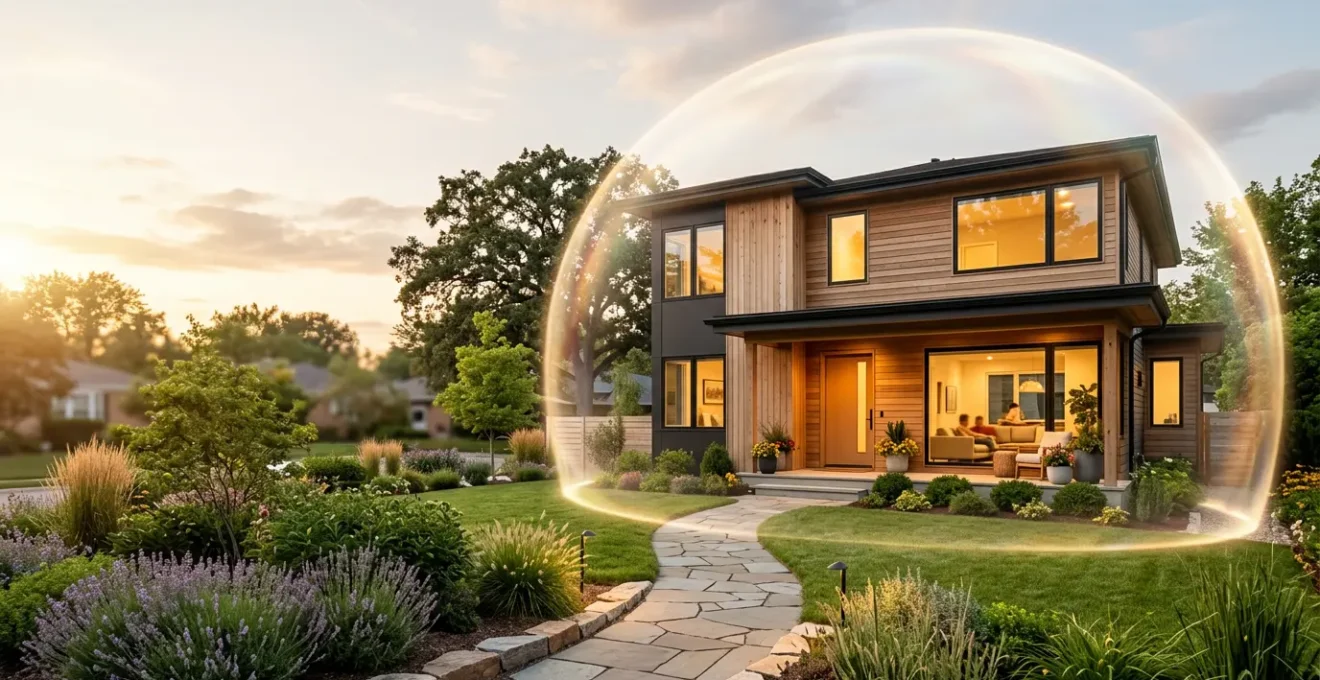 Scene montrant une residence familiale protegee avec elements symboliques de securite et assurance