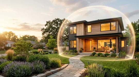 Scene montrant une residence familiale protegee avec elements symboliques de securite et assurance