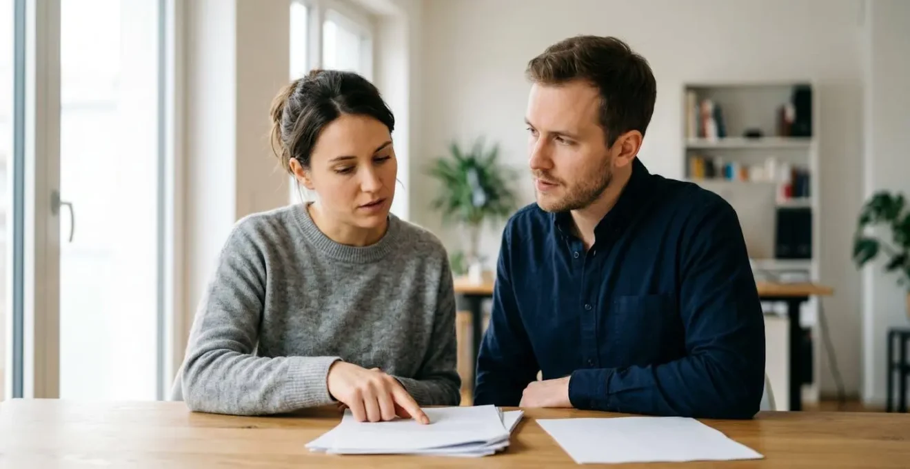 Couple de jeunes emprunteurs analysant des documents d'assurance de pret immobilier avec une expression de reflexion