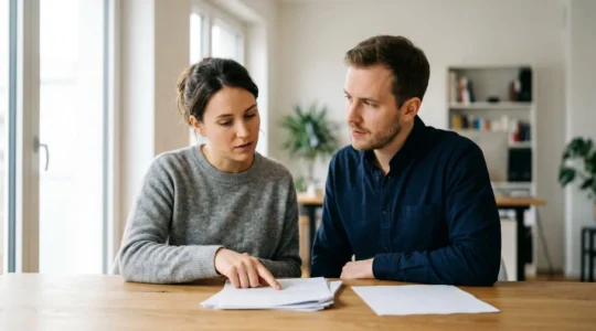 Couple de jeunes emprunteurs analysant des documents d'assurance de pret immobilier avec une expression de reflexion