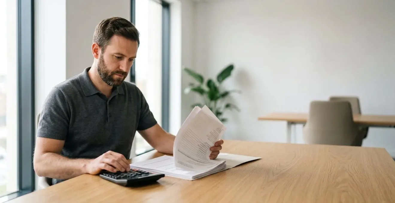 Professionnel consultant des documents financiers avec une calculatrice dans un environnement de travail minimaliste
