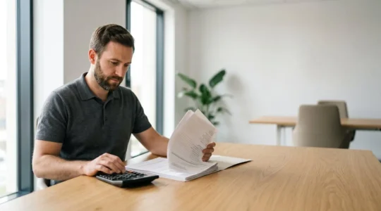 Professionnel consultant des documents financiers avec une calculatrice dans un environnement de travail minimaliste