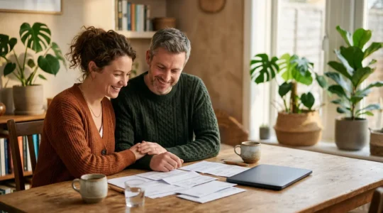Couple discutant leur projet immobilier et économies sur l'assurance emprunteur