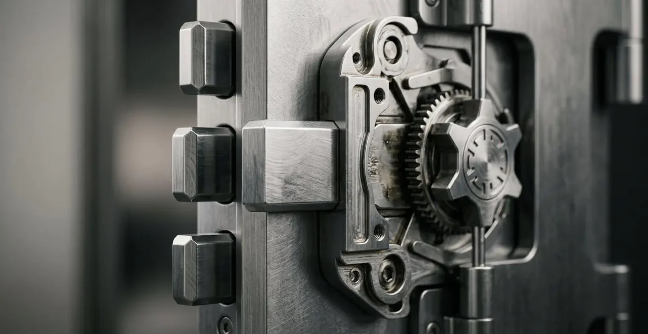 Gros plan sur un coffre-fort moderne avec mecanisme de securite avance suggérant protection maximale
