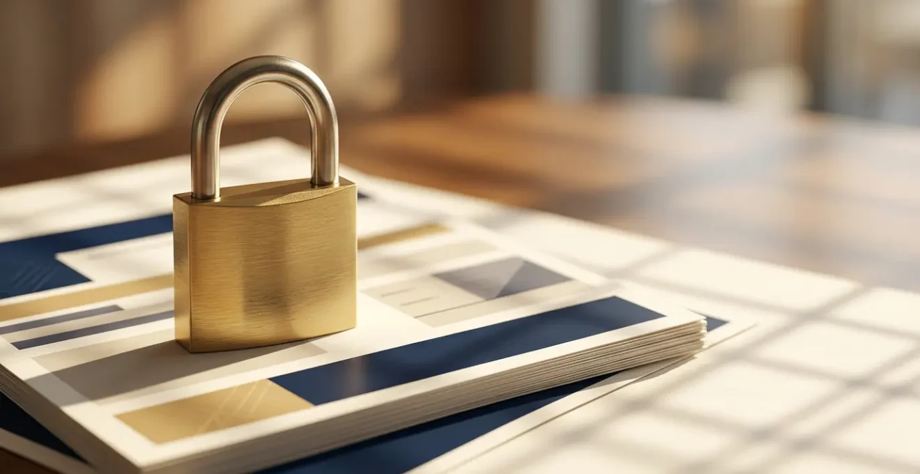 Protection financière symbolisée par un cadenas doré et des documents de crédit sécurisés