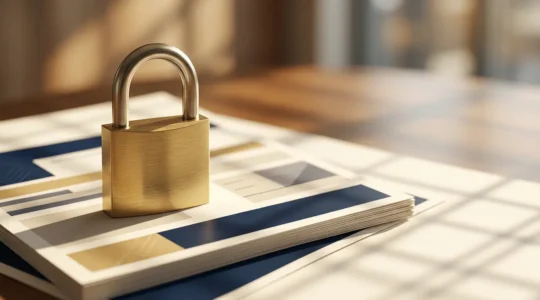 Protection financière symbolisée par un cadenas doré et des documents de crédit sécurisés