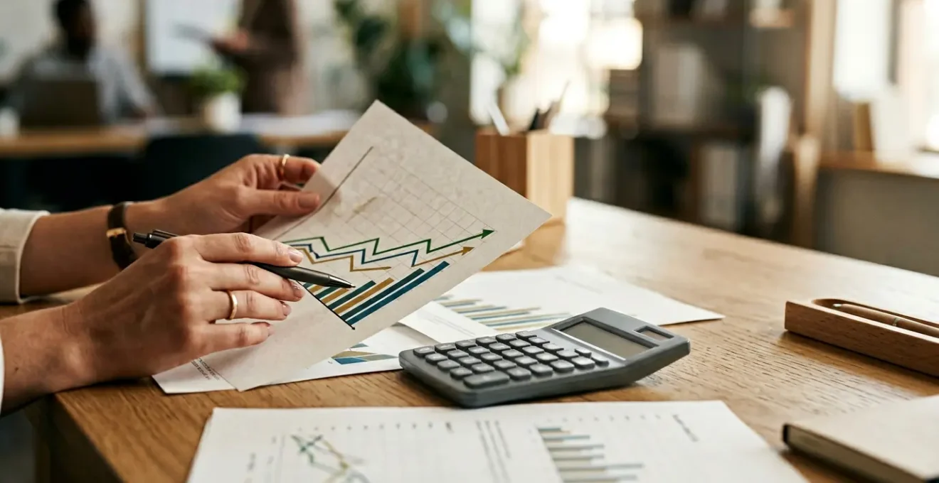 Gros plan sur des mains tenant une calculatrice et des graphiques financiers avec des courbes de croissance, symbolisant l'optimisation de l'épargne à long terme