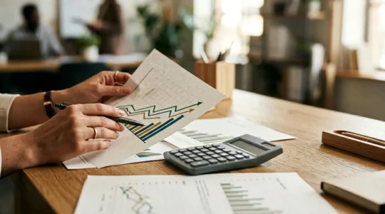Gros plan sur des mains tenant une calculatrice et des graphiques financiers avec des courbes de croissance, symbolisant l'optimisation de l'épargne à long terme