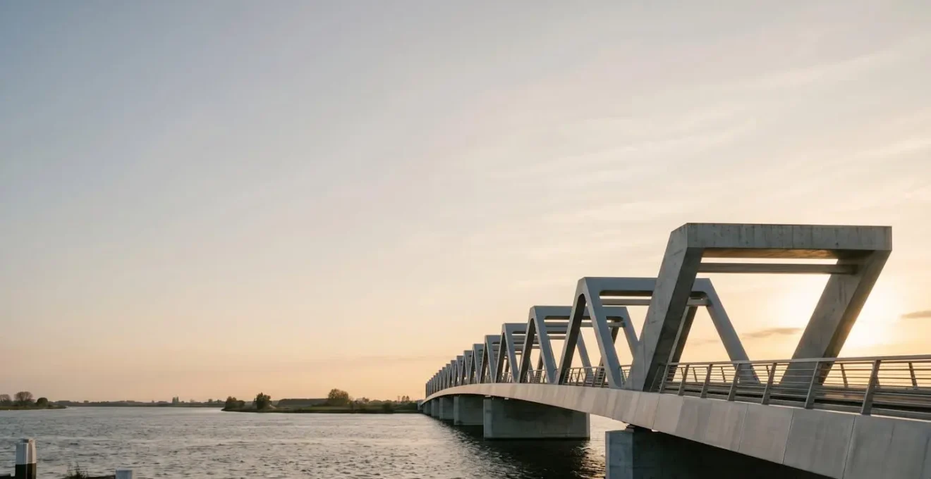 Plan large minimaliste d'un pont moderne traversant un espace vide, symbolisant la transition et la continuité