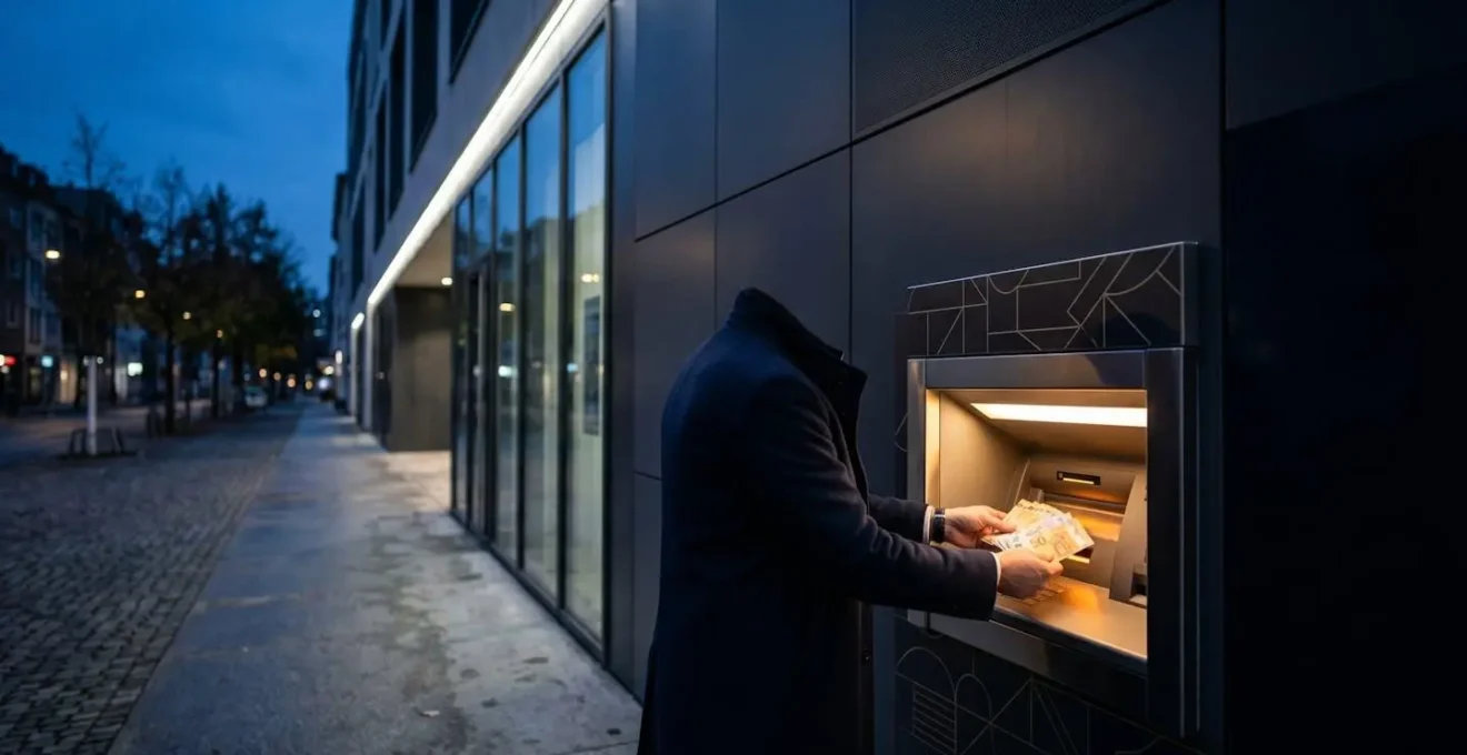 Professionnel déposant des billets dans un automate bancaire GAB moderne en dehors des heures d'ouverture