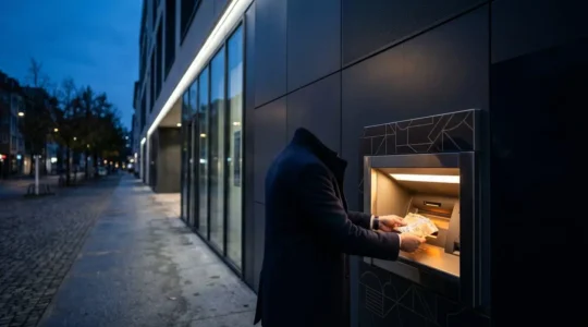 Professionnel déposant des billets dans un automate bancaire GAB moderne en dehors des heures d'ouverture