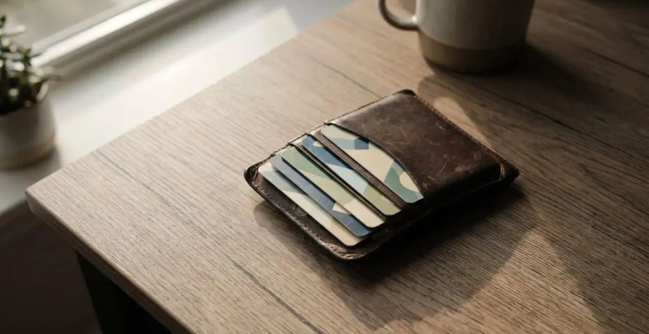 Gros plan sur plusieurs cartes bancaires de types différents dans un portefeuille en cuir naturel