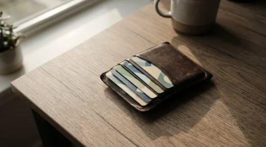 Gros plan sur plusieurs cartes bancaires de types différents dans un portefeuille en cuir naturel