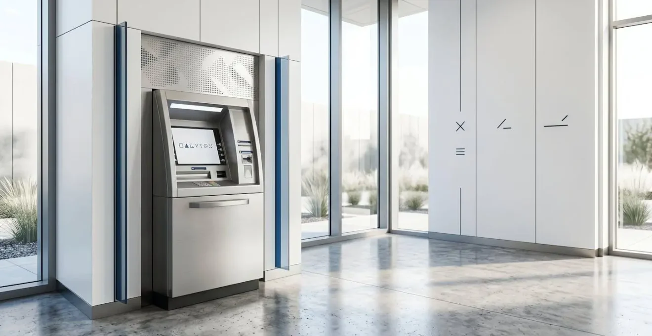 Vue rapprochée d'un guichet automatique bancaire moderne affichant un écran tactile avec interface épurée, dans un environnement architectural contemporain
