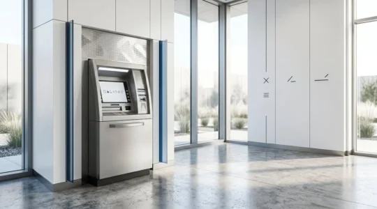 Vue rapprochée d'un guichet automatique bancaire moderne affichant un écran tactile avec interface épurée, dans un environnement architectural contemporain