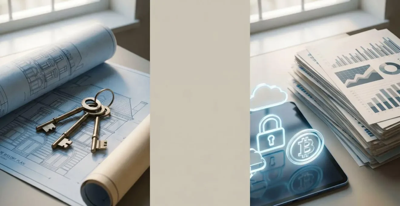 Décision stratégique entre investissement immobilier physique et SCPI, symbolisée par des clés et documents patrimoniaux