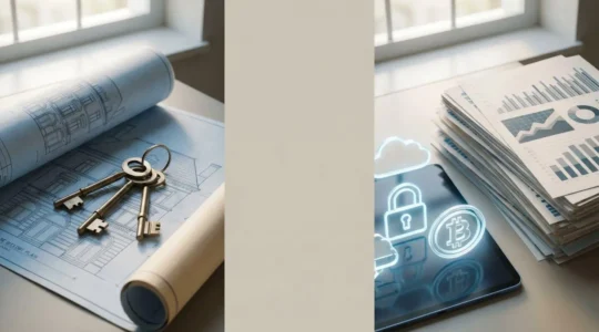 Décision stratégique entre investissement immobilier physique et SCPI, symbolisée par des clés et documents patrimoniaux