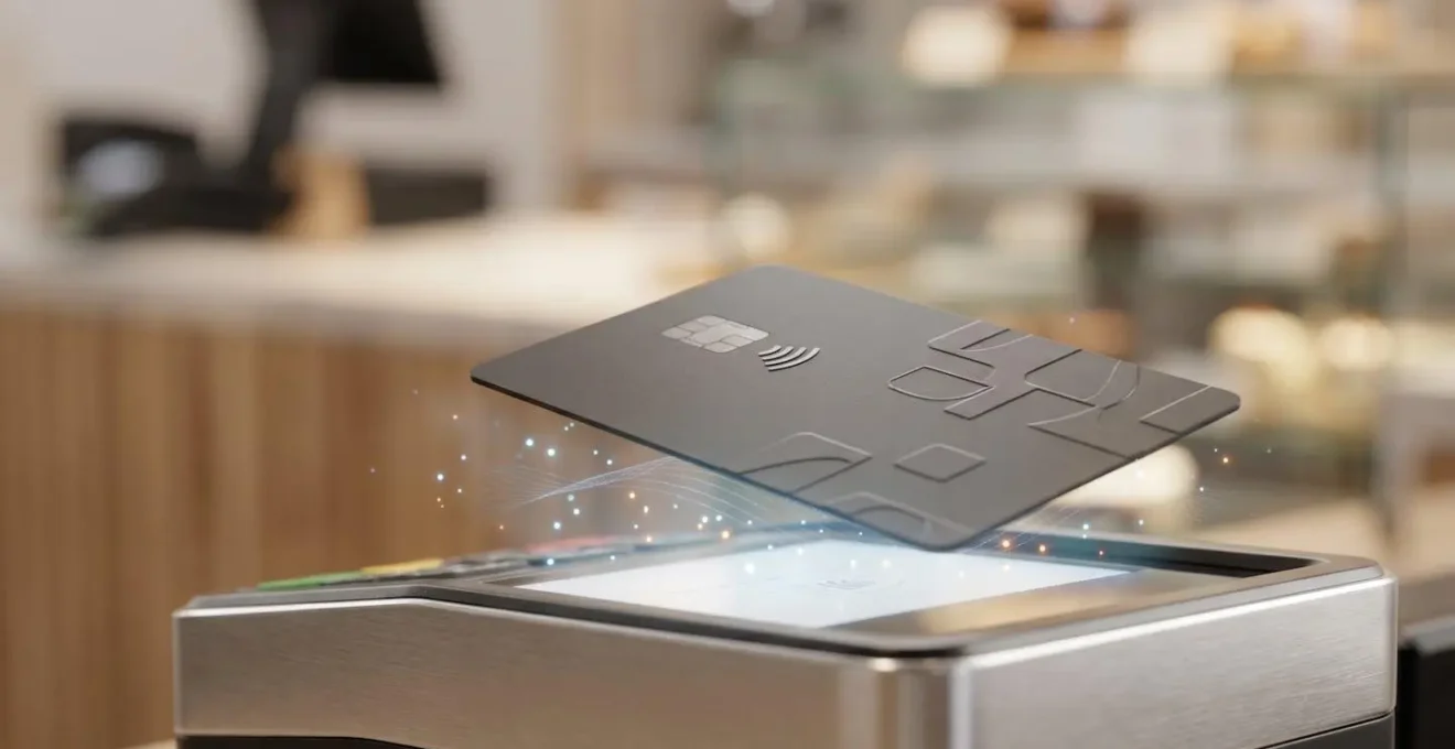 Carte bancaire avec puce NFC en paiement sans contact sur terminal moderne