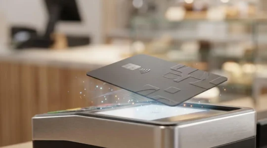 Carte bancaire avec puce NFC en paiement sans contact sur terminal moderne