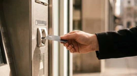 Personne utilisant sa carte bancaire à un distributeur automatique de billets moderne