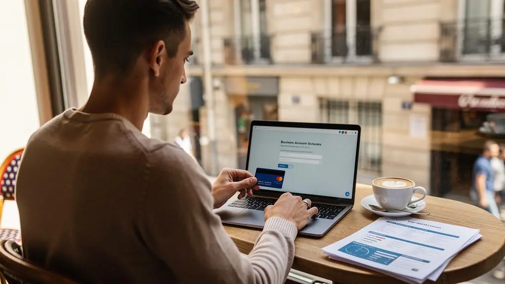 Une entrepreneuse finalise une souscription de compte professionnel en ligne sur son ordinateur portable.